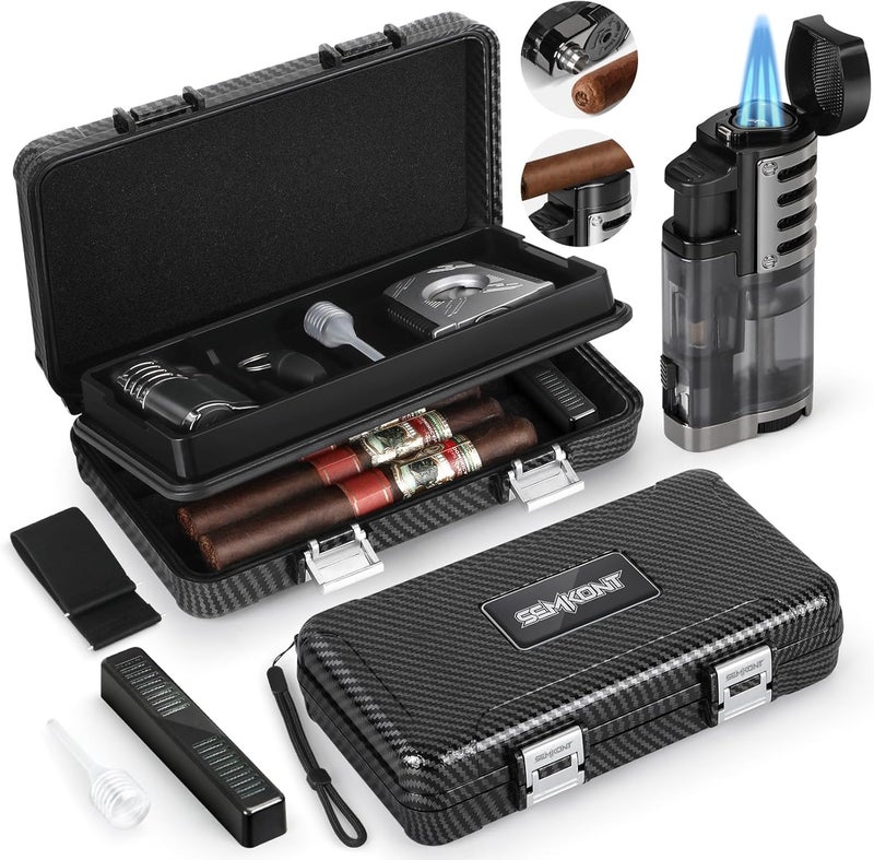 SEMKONT Cigar Humidor, Portable Travel Cigar Box, Double Cigar Humidor with Separate Storage for Cigar Accessories, Cigar Travel Case with Cigar Lighter(No Butane), Holds 5 Cigars (Carbon Fiber) - Image 1